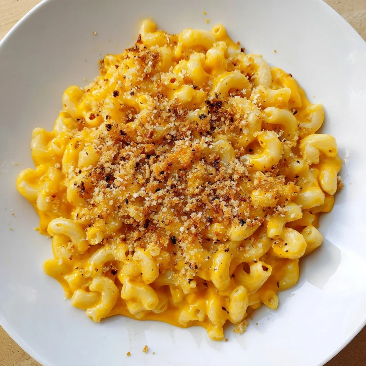 A steaming bowl of Pumpkin Mac & Cheese, with a creamy, orange sauce coating the pasta.