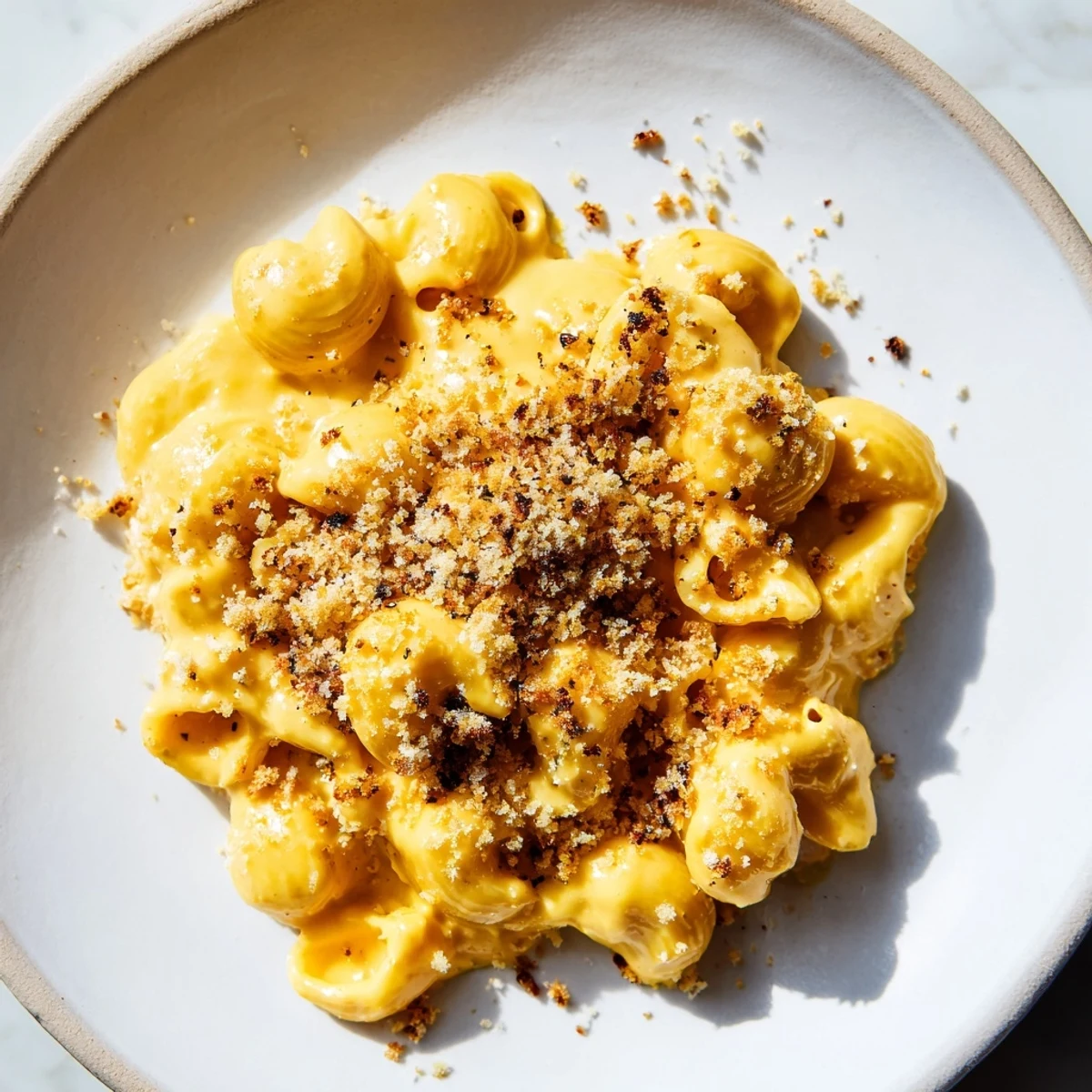Velvety smooth Pumpkin Mac & Cheese, served with a sprinkle of Parmesan, ready to enjoy.