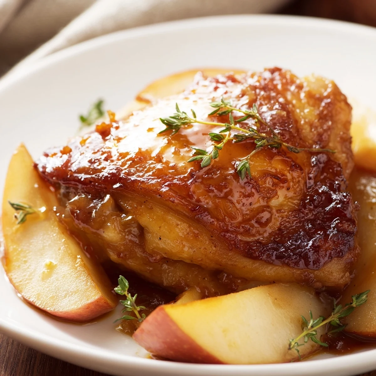 Golden, sticky Sticky Maple Apple Chicken, with glistening glaze and tender apple slices, perfect for dinner.