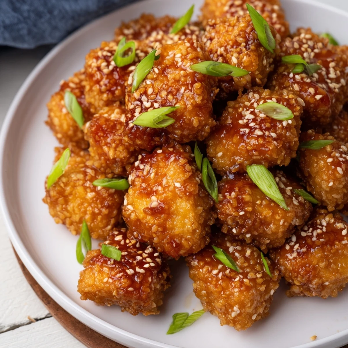 Golden, crispy Honey Sriracha Tofu Nuggets glistening with a sweet and spicy glaze for snacking.