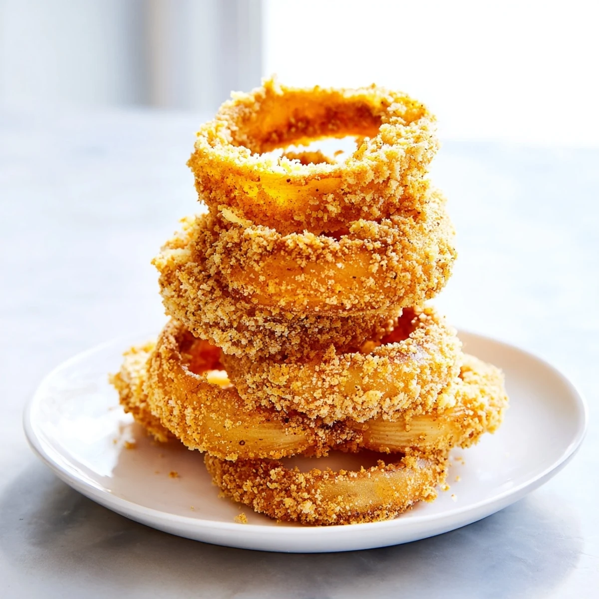 Golden-brown Crispy Onion Ring Tower, piled high, ready to be dipped and devoured.