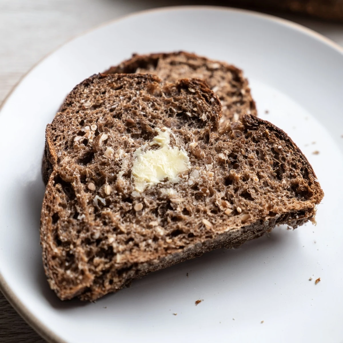 A rustic slice of Estonian Leib sourdough bread, featuring a dark, flavorful crust and interior.