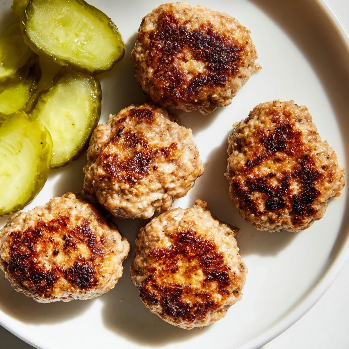 Golden-brown Danish frikadeller, perfectly pan-fried and ready to serve with tangy pickles.