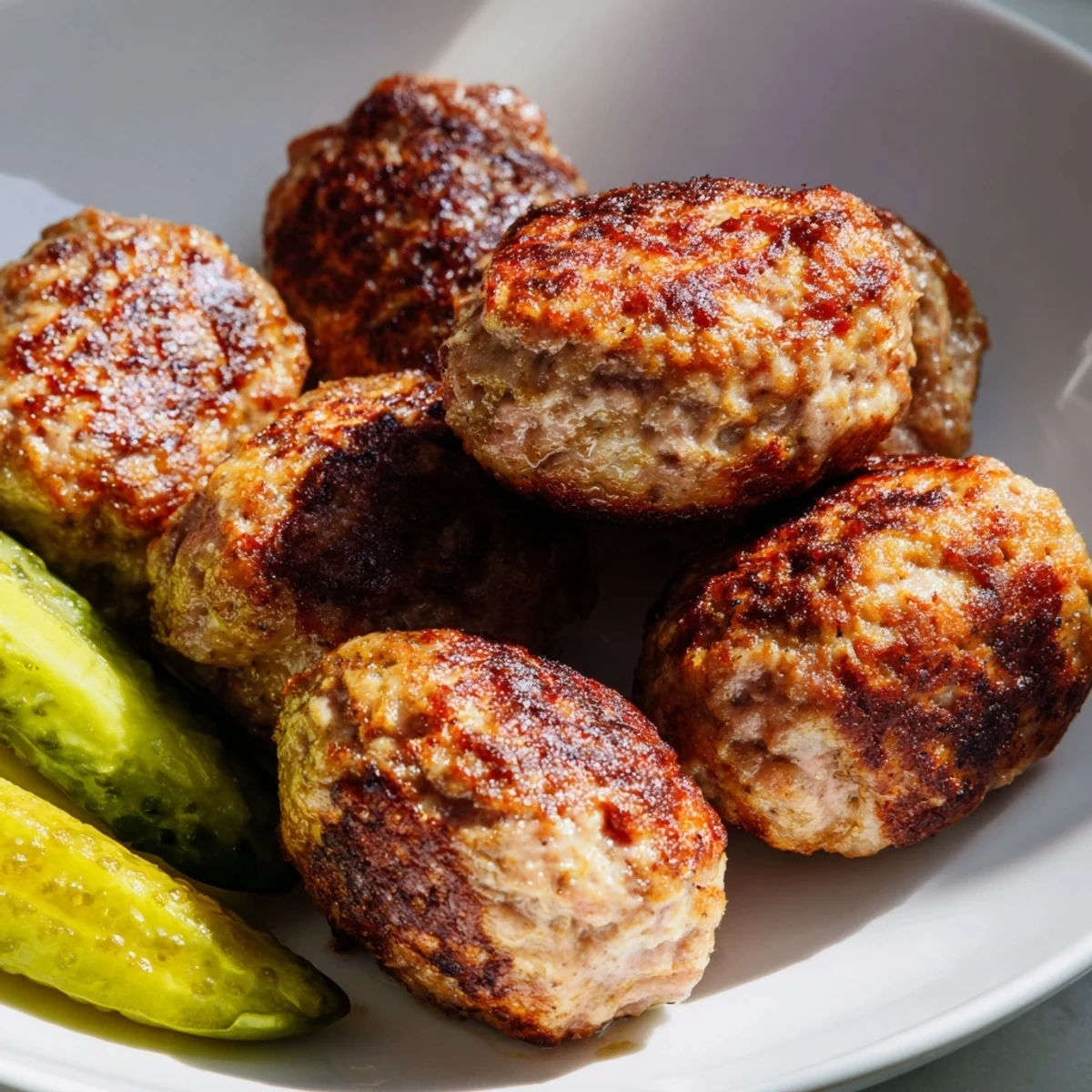 Close-up of freshly cooked Danish frikadeller, paired alongside bright green pickles for a tasty meal.
