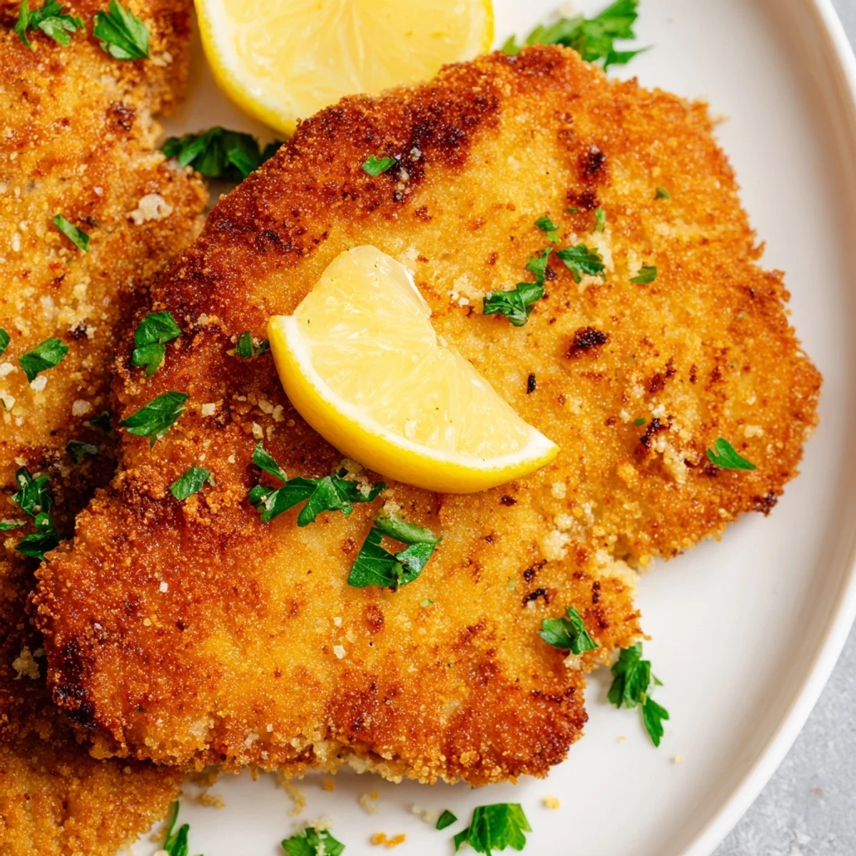 Golden-brown German schnitzel cutlets, crispy and delicious, ready to enjoy with a fresh lemon wedge.