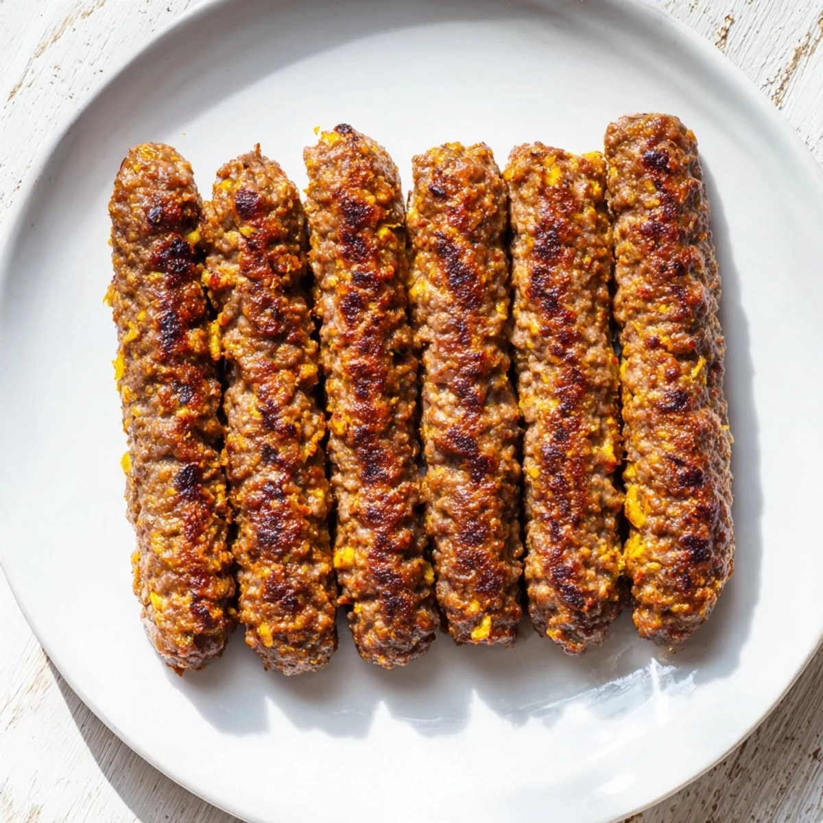 Grilled Romanian mici sausages, browned and sizzling, ready to be served with mustard for a delicious meal.