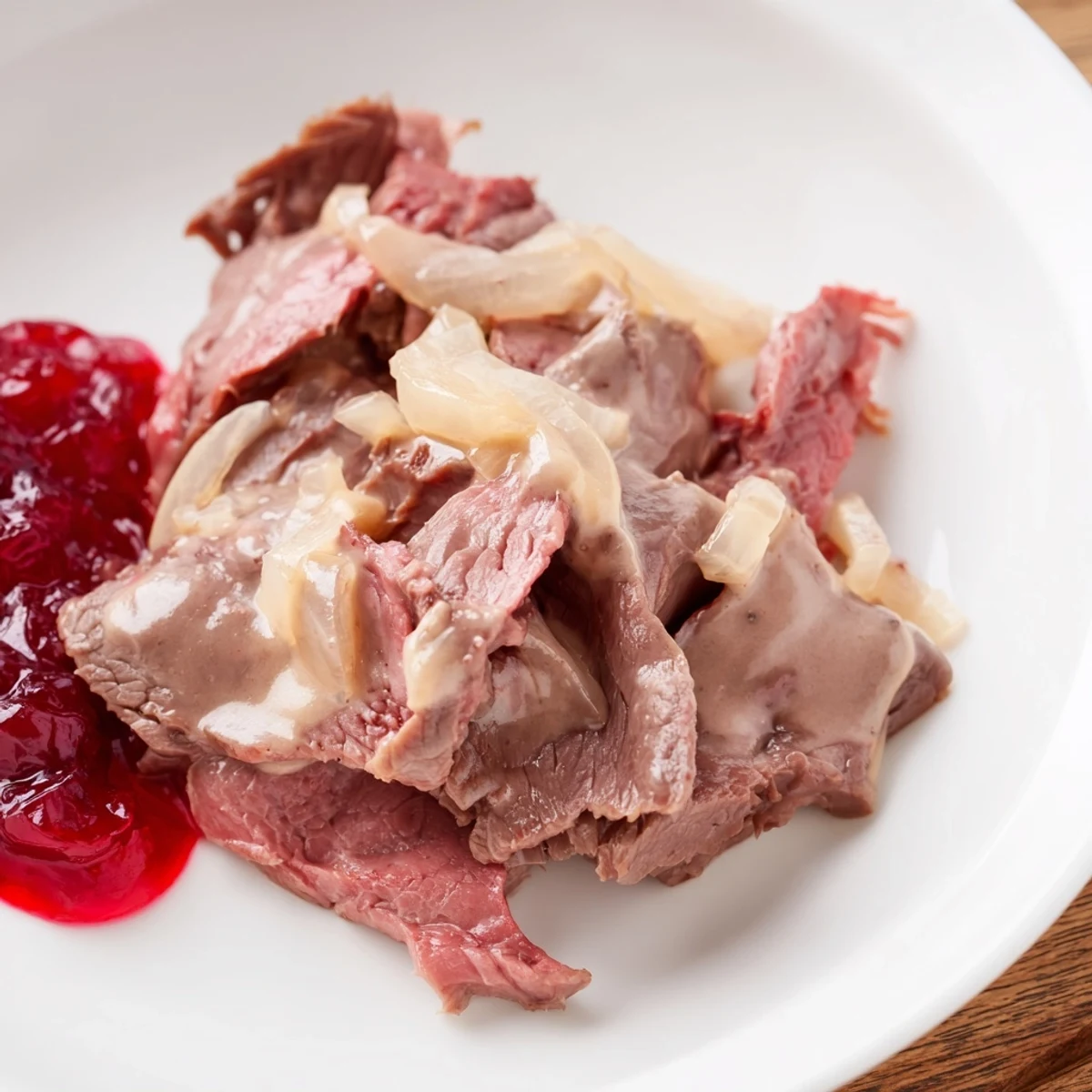 Tender Finnish reindeer stew, a savory dish, presented with vibrant lingonberries and creamy mashed potatoes.