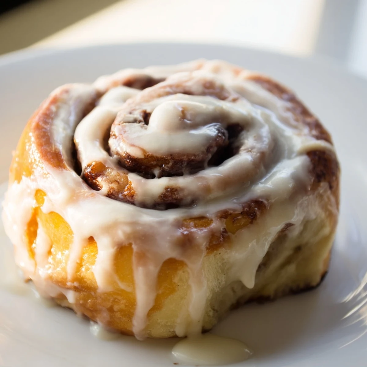 Freshly baked Pillow Soft Cinnamon Rolls with a warm, gooey cinnamon swirl and creamy glaze, served on a rustic plate.  