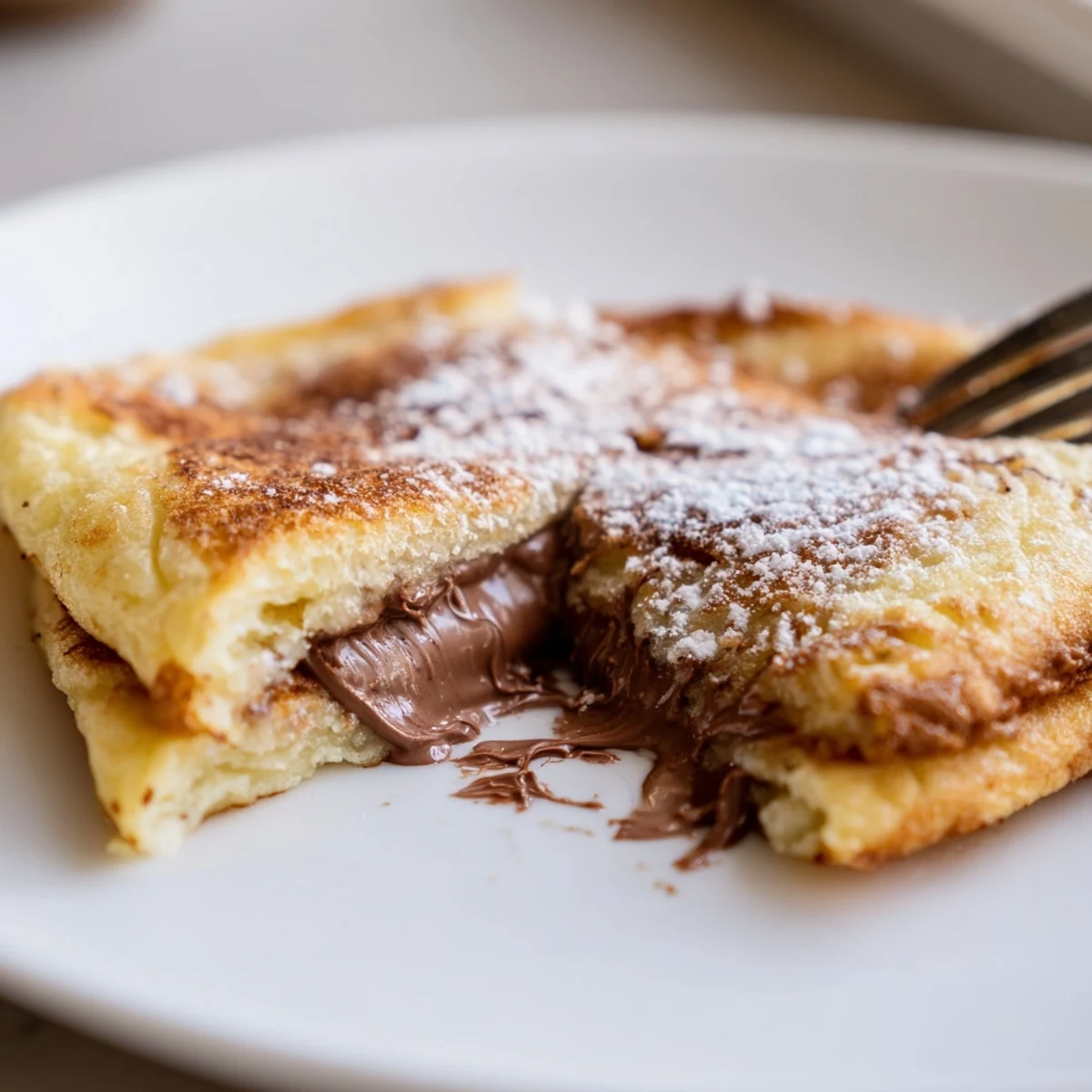 Warm, fluffy Nutella stuffed pancakes served on a plate with powdered sugar dusting and fresh berries.  