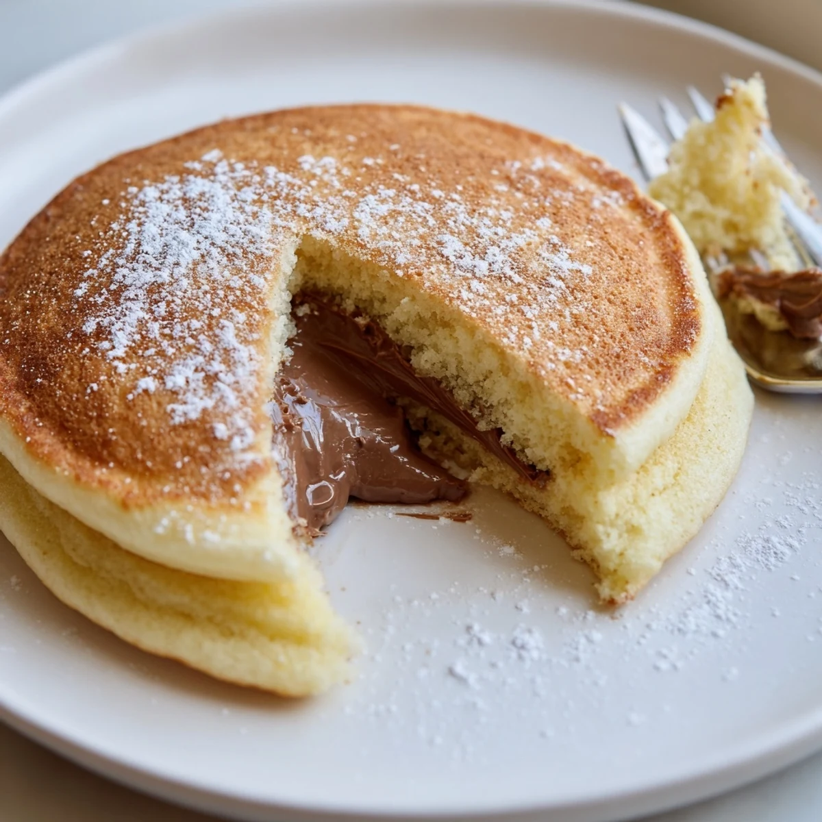Decadent breakfast Nutella stuffed pancakes topped with sliced bananas and drizzled chocolate sauce.