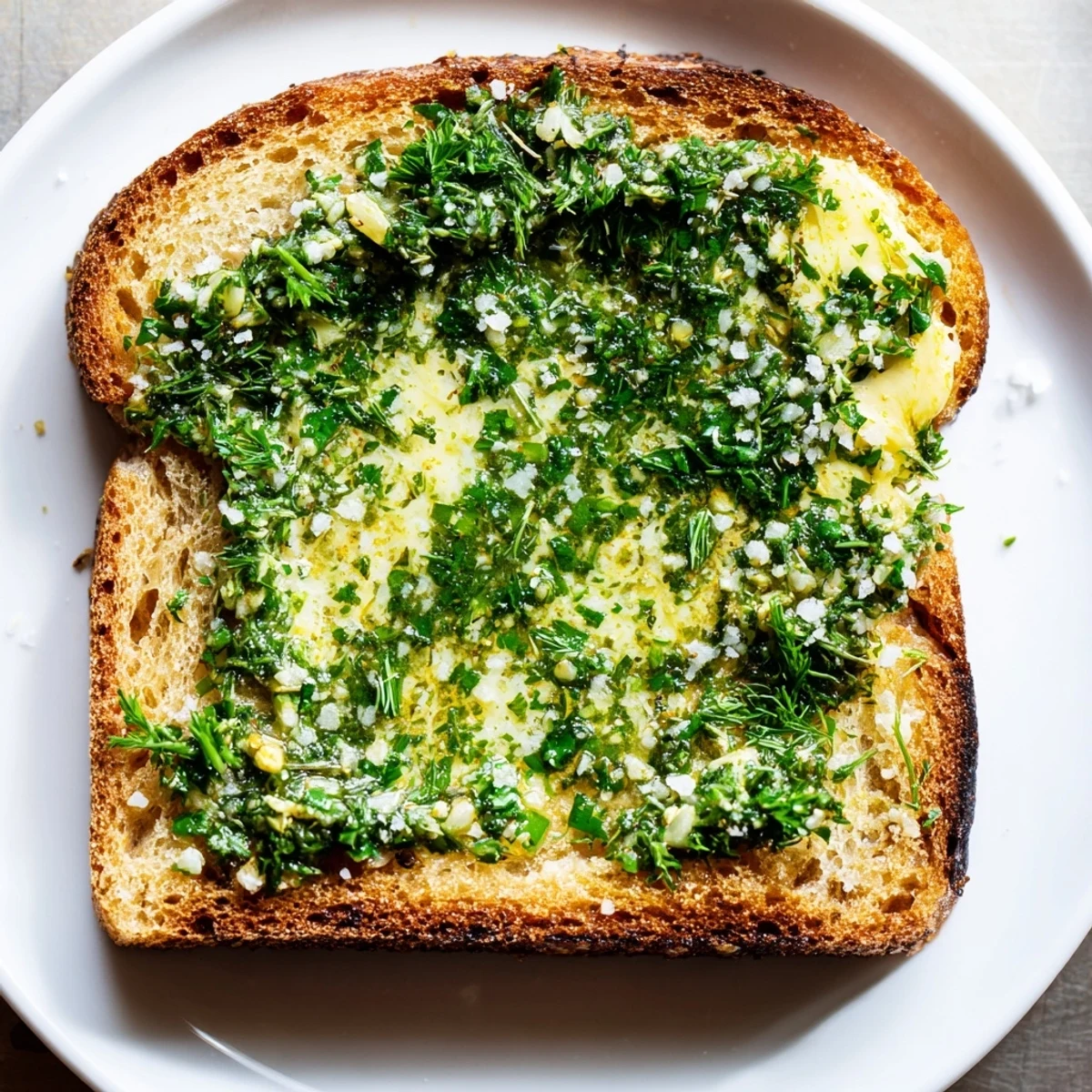Golden herb butter toast with crusty sourdough, glistening butter, and flaky salt, served warm on a rustic wooden board.  
