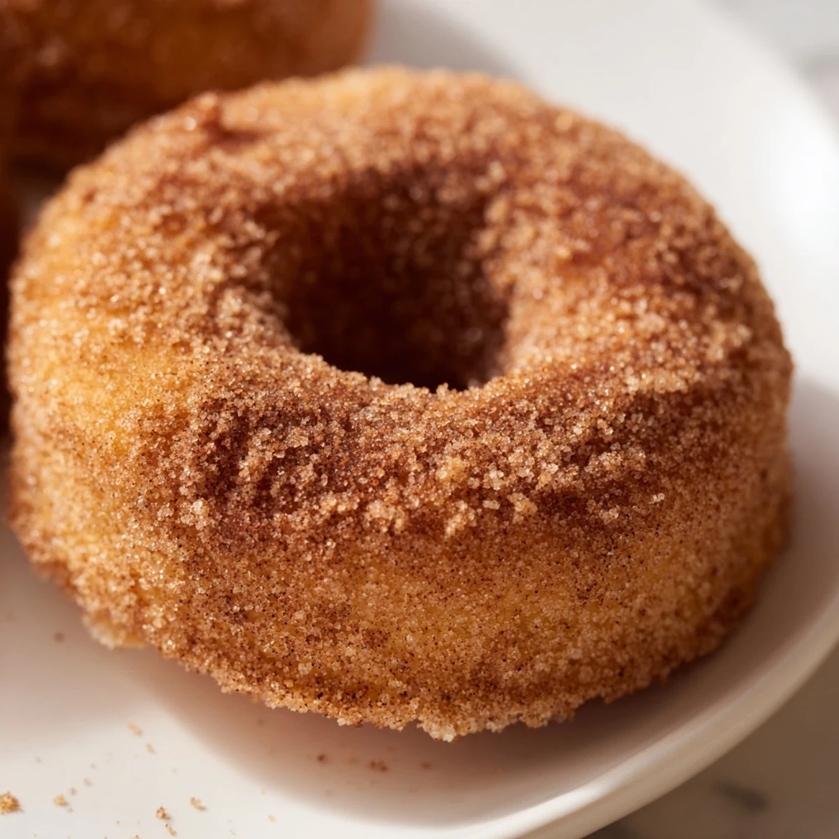 Eight golden Air Fryer Cinnamon Sugar Donuts are arranged neatly, showing their puffy texture and glistening cinnamon sugar coating.
