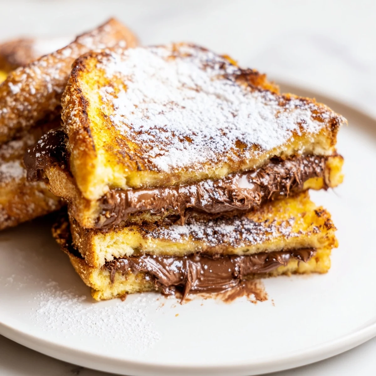 Golden-brown Nutella Brioche French toast slices on a white plate, dusted with powdered sugar and fresh berries.