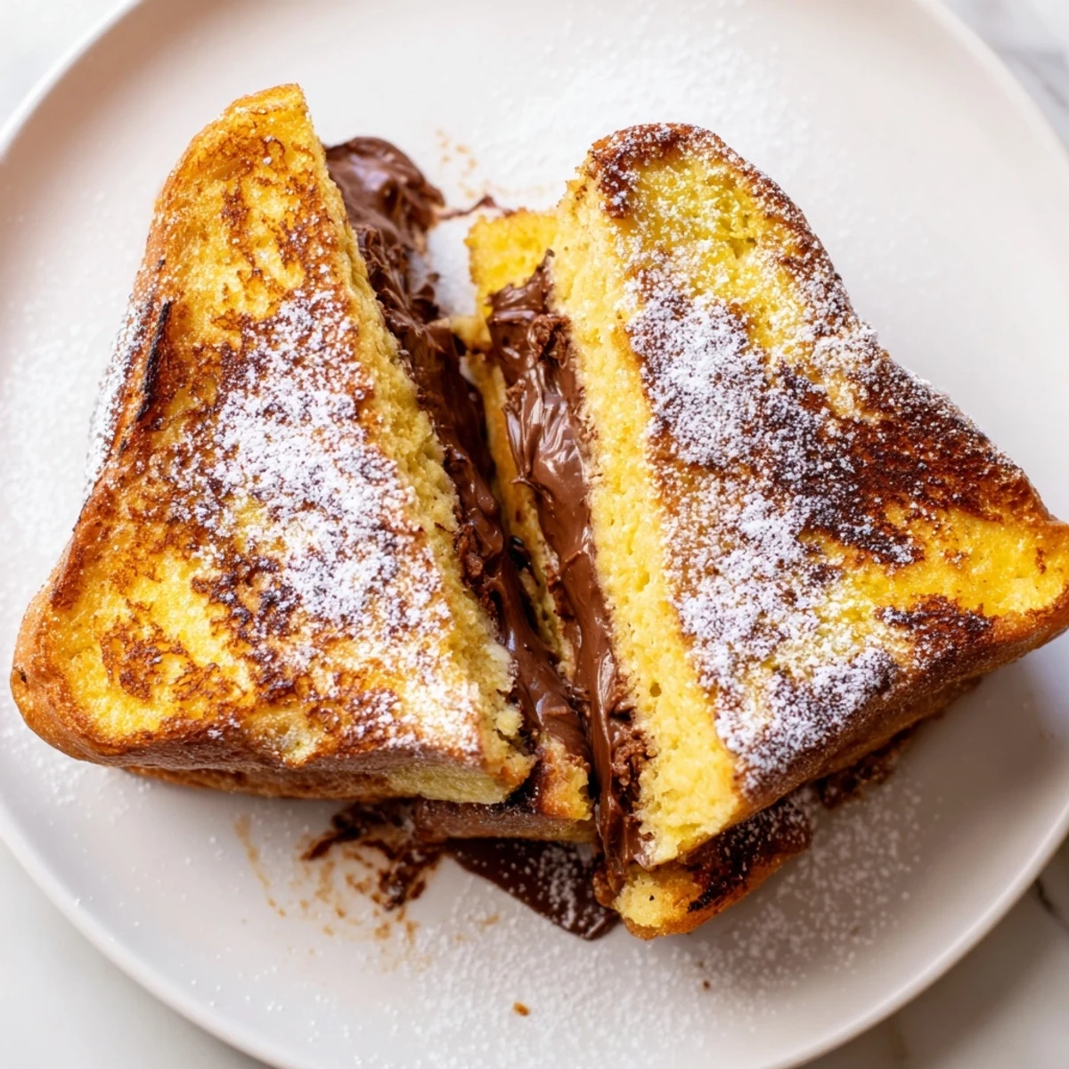 Two thick slices of Nutella Brioche French toast garnished with raspberries and powdered sugar on a wooden board.