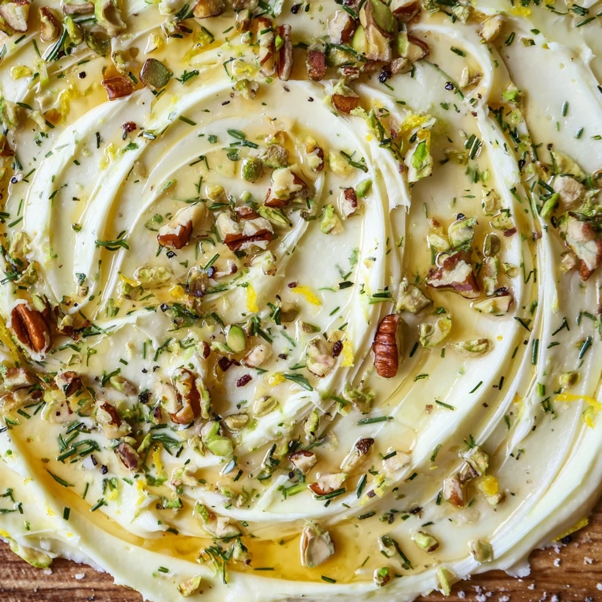 Golden Flavored Butter Board Charcuterie spread on a rustic wooden board, topped with chopped nuts, fresh herbs, and a honey drizzle.