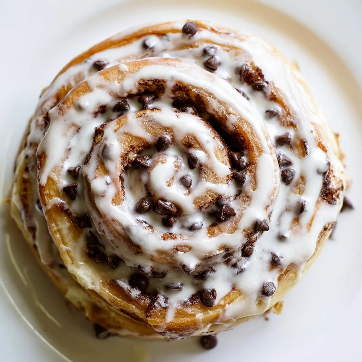 Freshly baked Nutella Chocolate Chip Rolls with a gooey center, served warm on a rustic plate with a drizzle of glaze.
