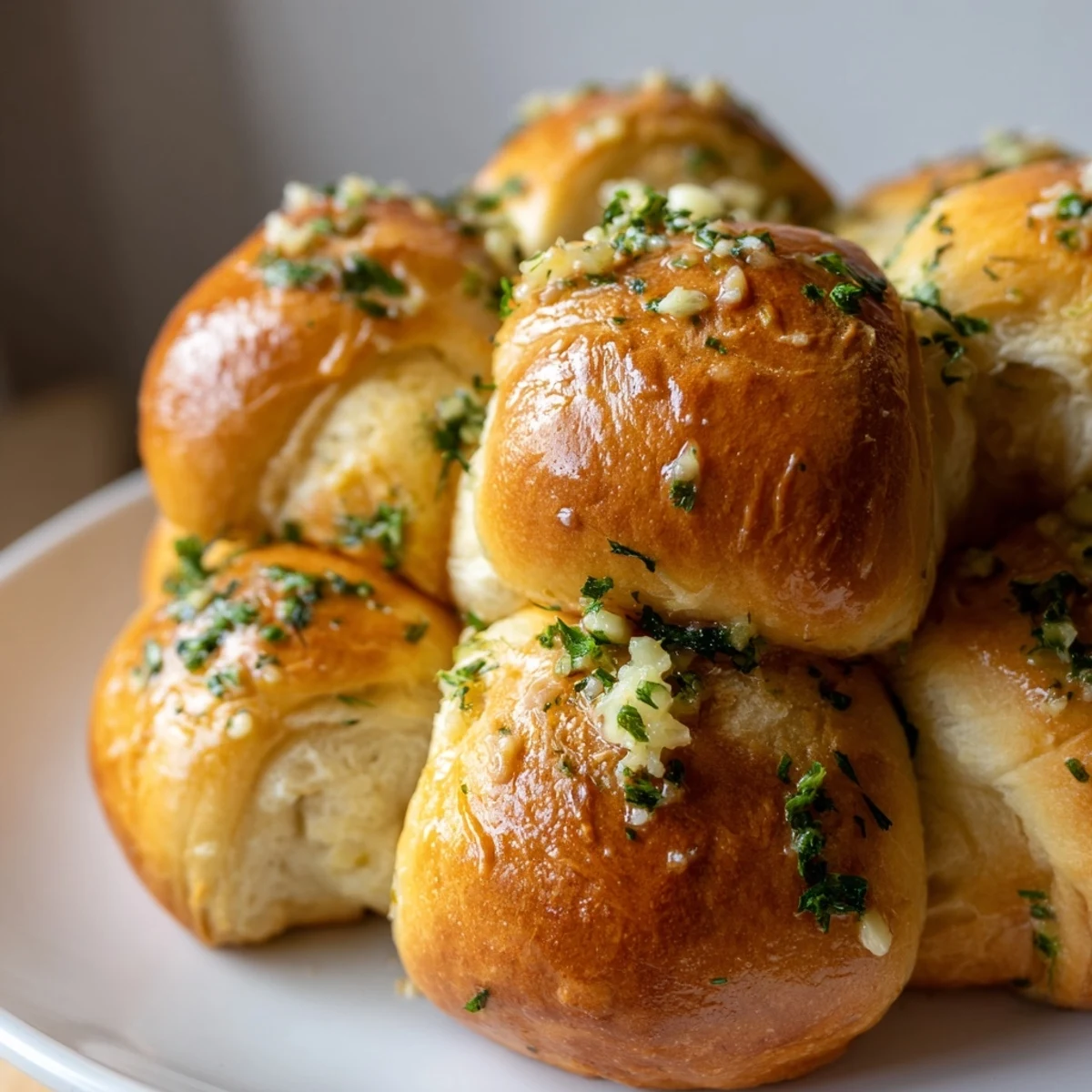 Golden brown pull-apart Garlic Butter Bread rolls glistening with herb butter in a round pan, ready to serve.