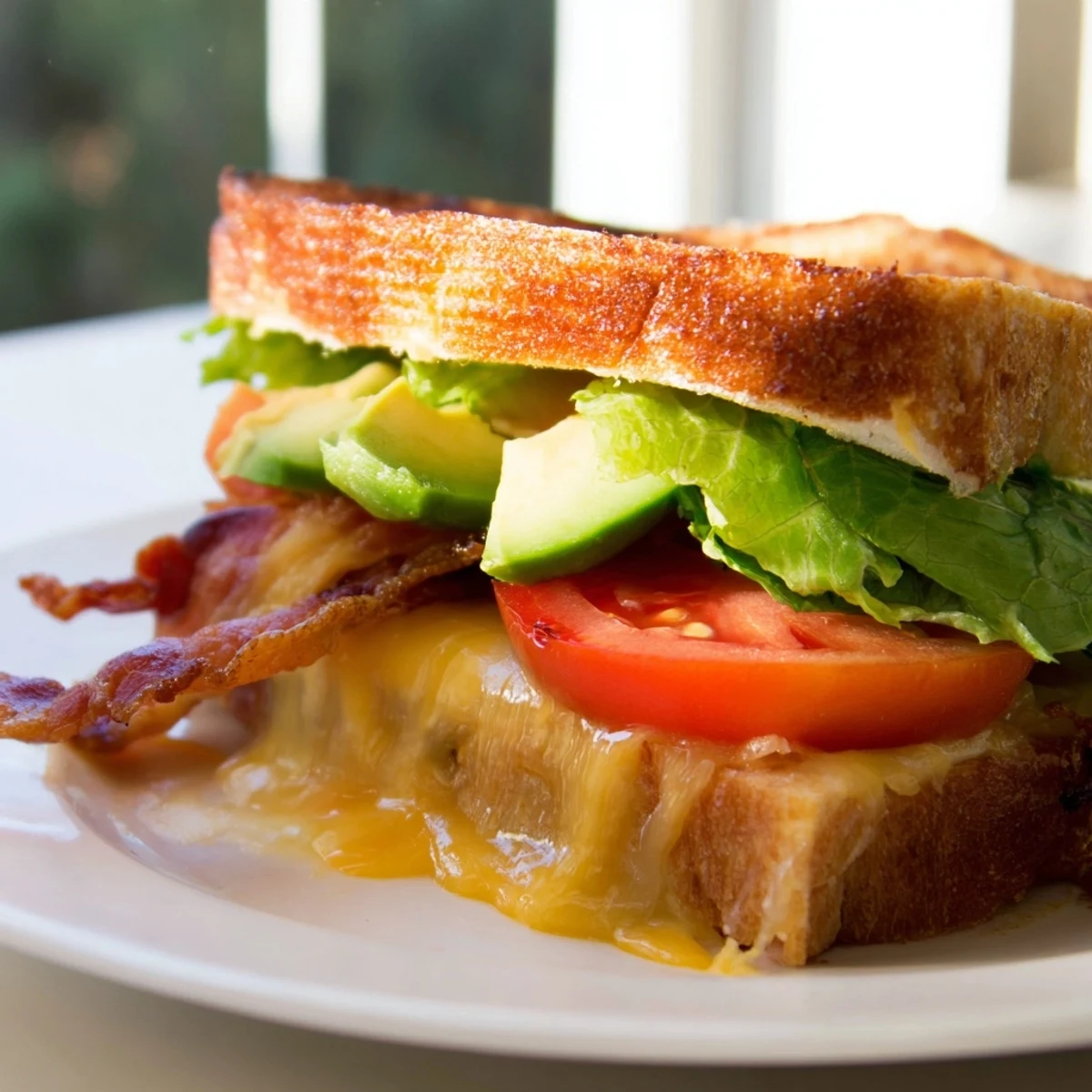 A close-up of a golden, buttery Avocado BLT Grilled Cheese, with melted cheddar oozing from the crispy sourdough slices.