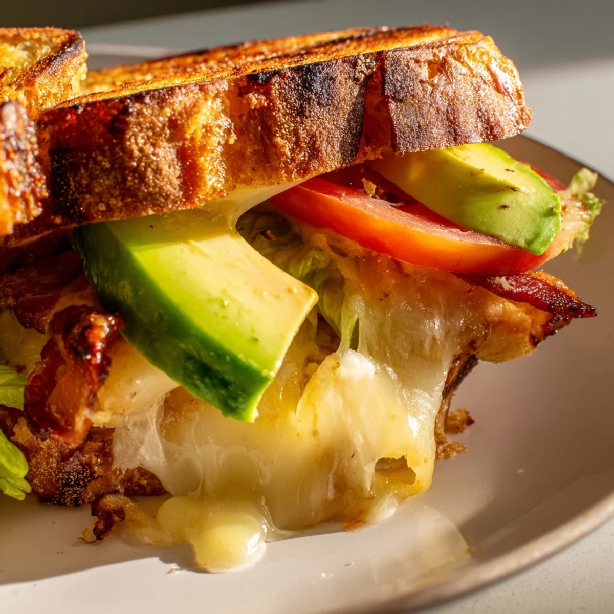 A perfectly grilled golden-brown sandwich, the Avocado BLT Grilled Cheese, served hot on a rustic plate with fresh tomato slices.