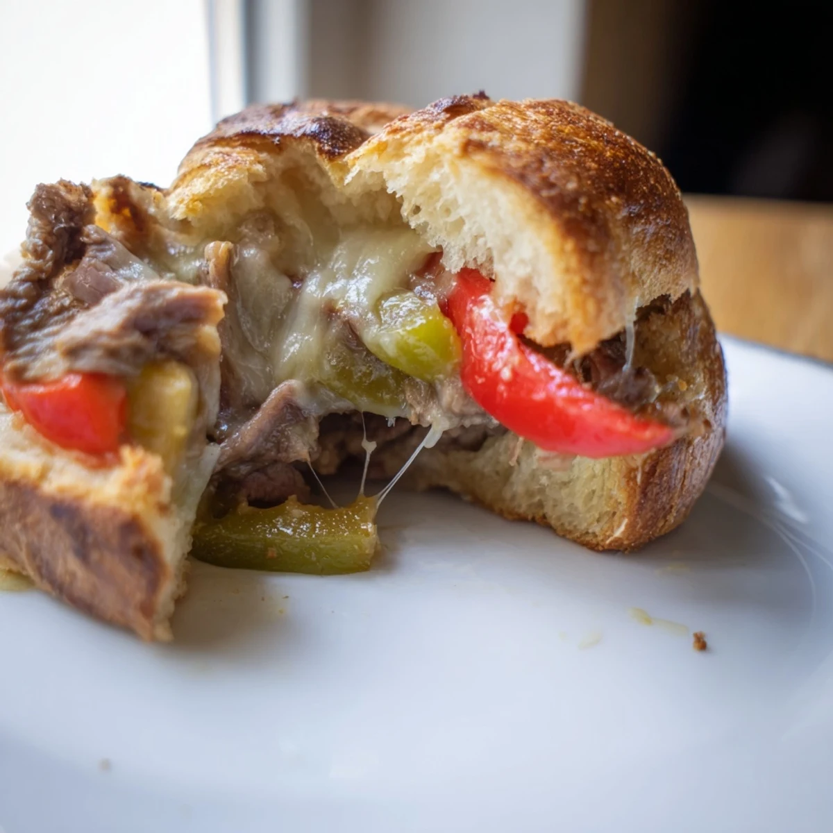 A close-up of a Philly Cheesesteak Grilled Cheese with melted provolone and caramelized onions on golden, buttery sourdough.