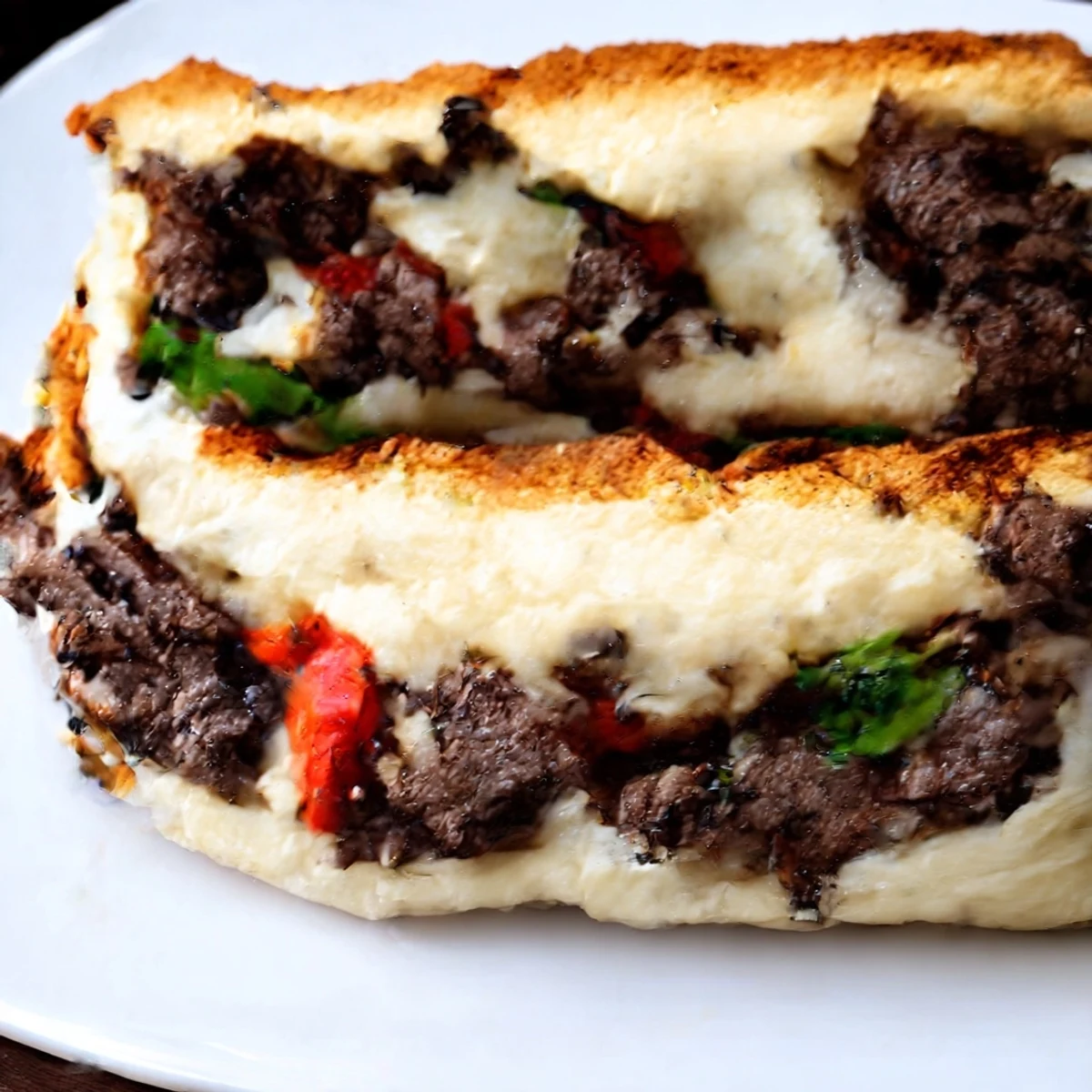 Philly Cheesesteak Grilled Cheese served on a wooden board, paired with a side salad and crispy fries.