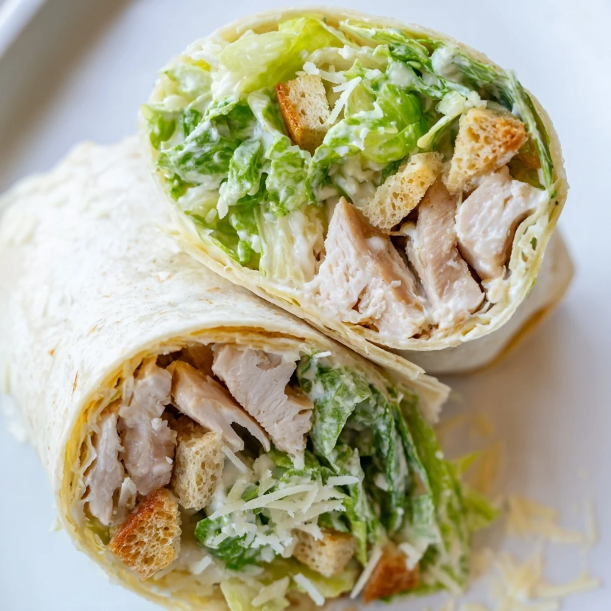 Sliced Caesar Chicken Salad Wrap halves served on a rustic plate, revealing layers of juicy chicken, crunchy croutons, and fresh greens.
