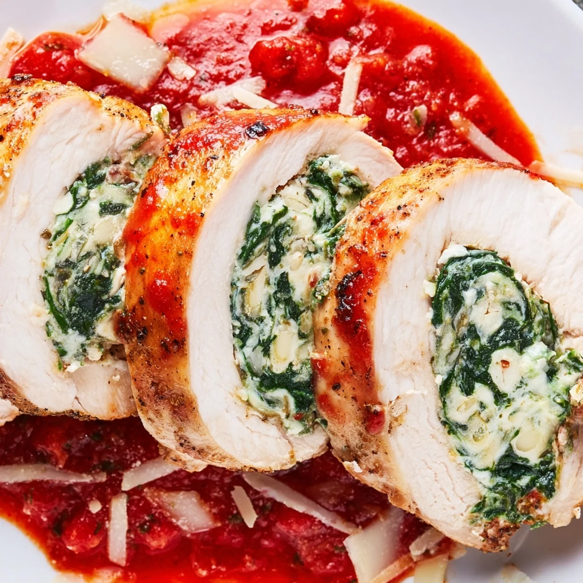 Golden-brown baked spinach ricotta stuffed chicken breasts nestled in a rich, simmering tomato sauce, garnished with fresh basil leaves.  