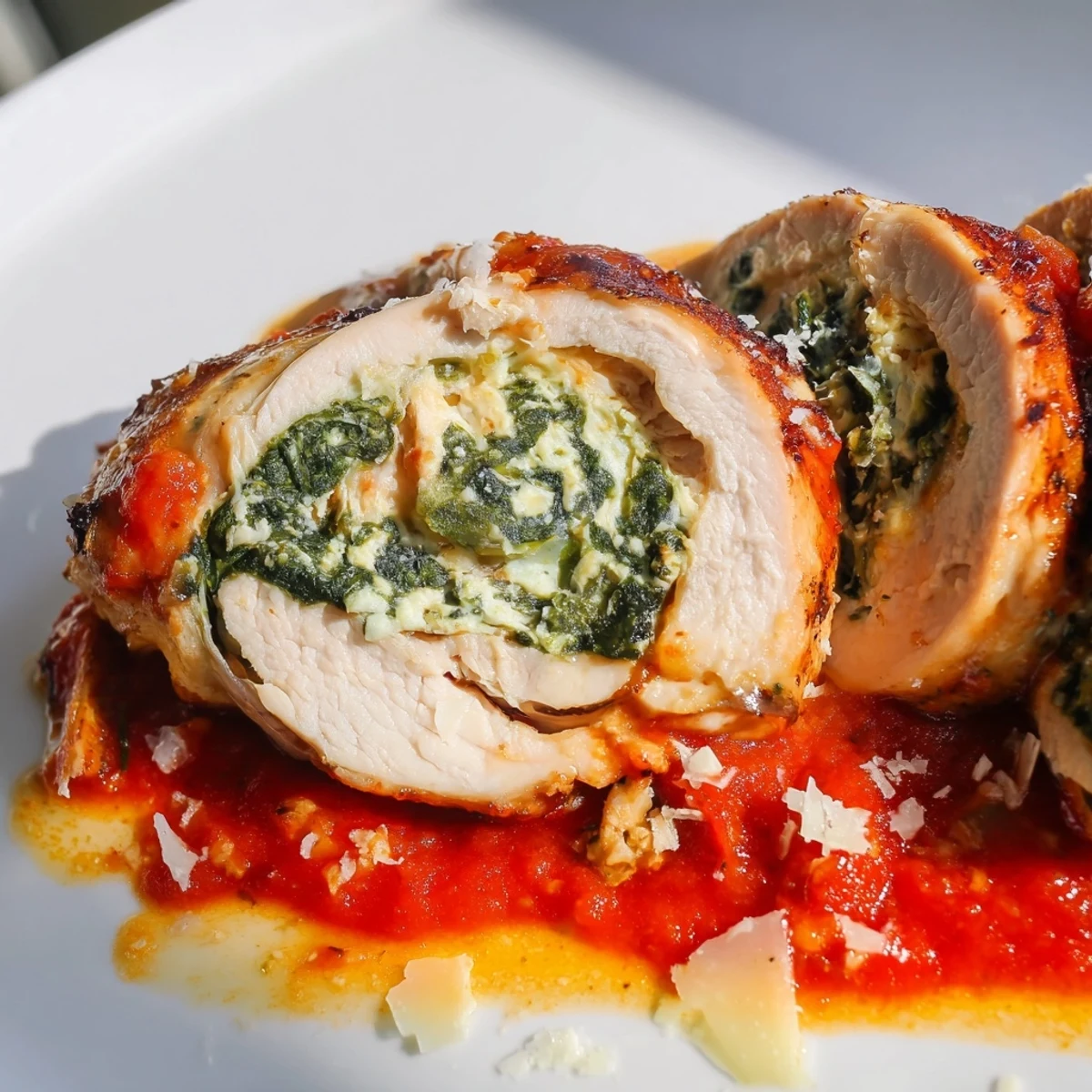 Pan-seared spinach ricotta stuffed chicken ready to serve, with melted Parmesan topping and a side of crusty Italian bread.