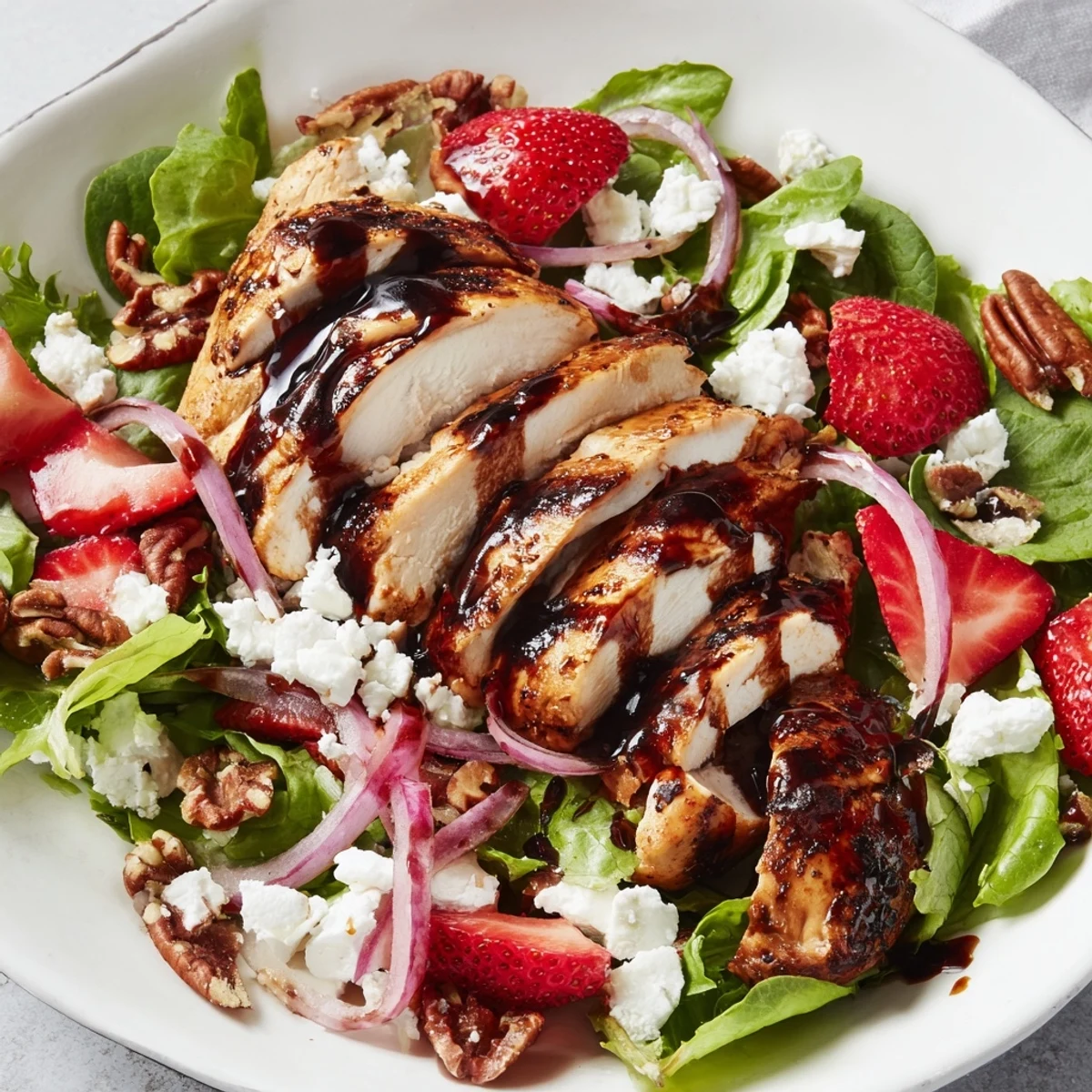 Juicy grilled chicken, sweet strawberries, and creamy goat cheese rest on mixed greens, drizzled with a honey balsamic glaze for this vibrant main course salad.