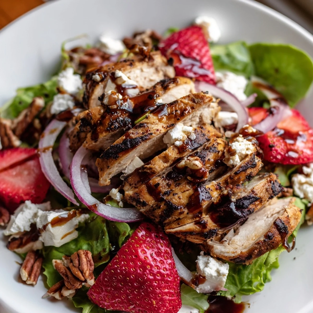 Sliced grilled chicken breast tops a bed of fresh mixed greens with strawberries, crumbled goat cheese, red onion, and a glossy honey balsamic dressing.