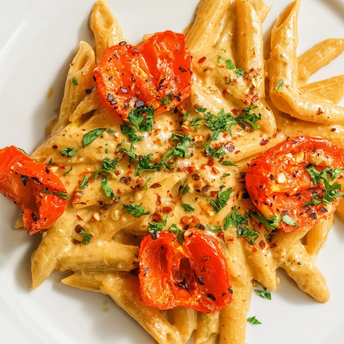 Creamy Cajun Pasta is served steaming in a white bowl, featuring penne coated in a rich, orange-hued sauce topped with fresh parsley.