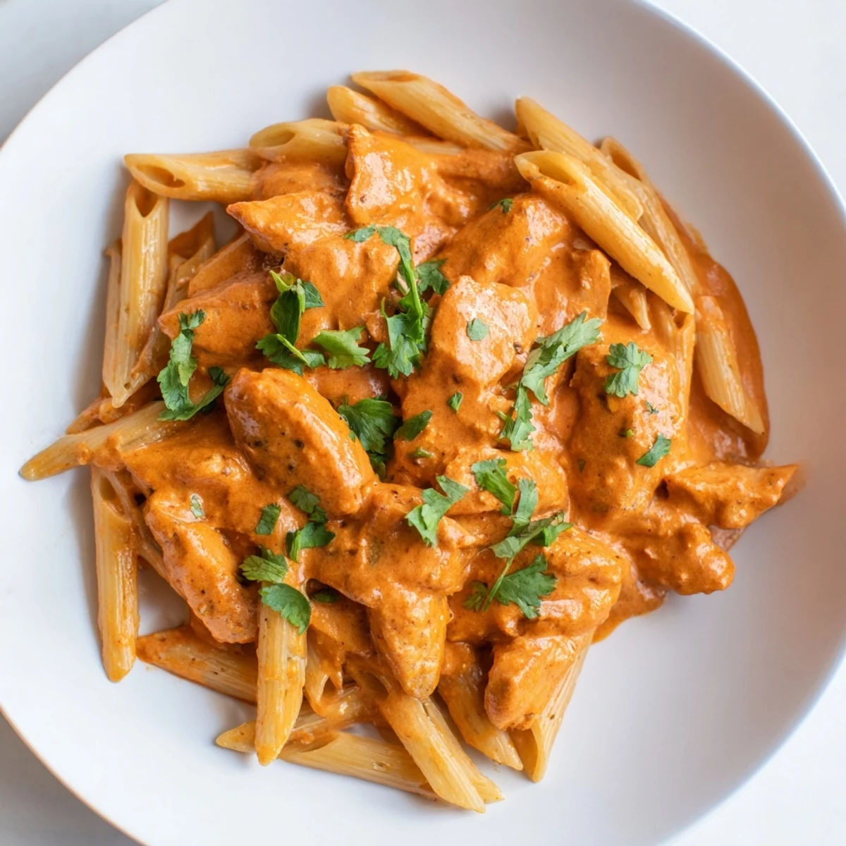 Creamy penne pasta coated in a spiced tomato sauce, topped with tender chunks of chicken tikka and fresh cilantro for a vibrant fusion meal.