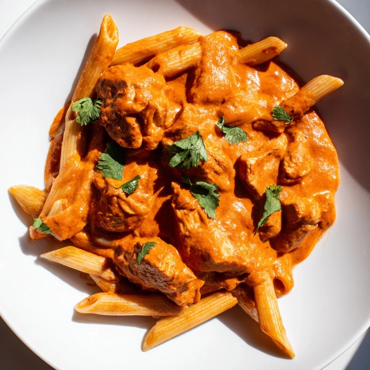 Juicy grilled chicken tikka nestled in rich, tomato cream sauce with perfectly al dente penne pasta, garnished with chopped cilantro.
