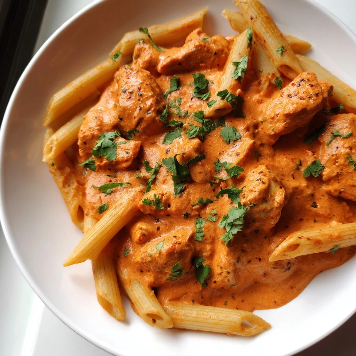 A colorful bowl of chicken tikka pasta featuring marinated meat, red sauce, and penne, served as a hearty main dish.