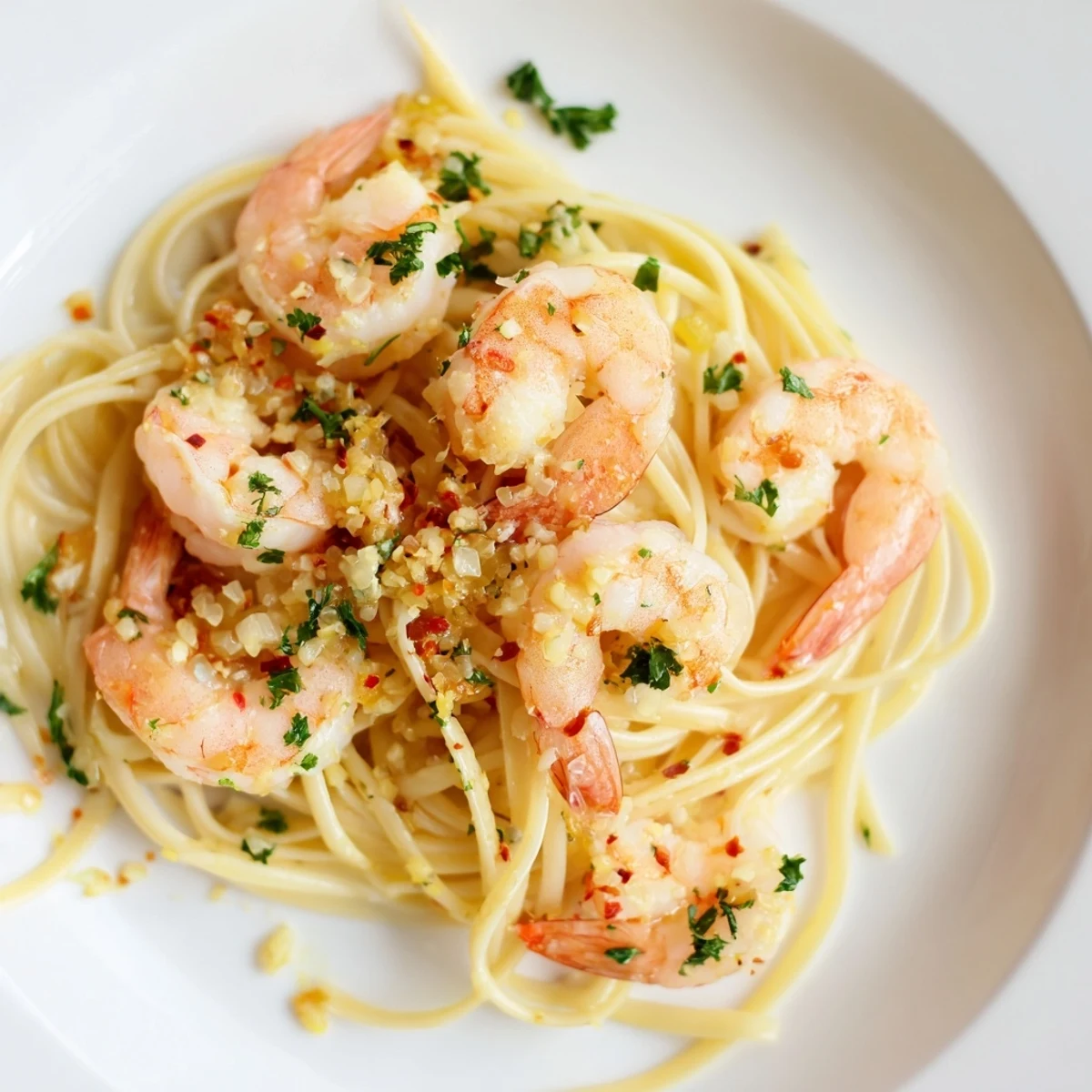 A close-up of Garlic Butter Shrimp Linguine glistening with butter and herbs, served hot and ready to eat.