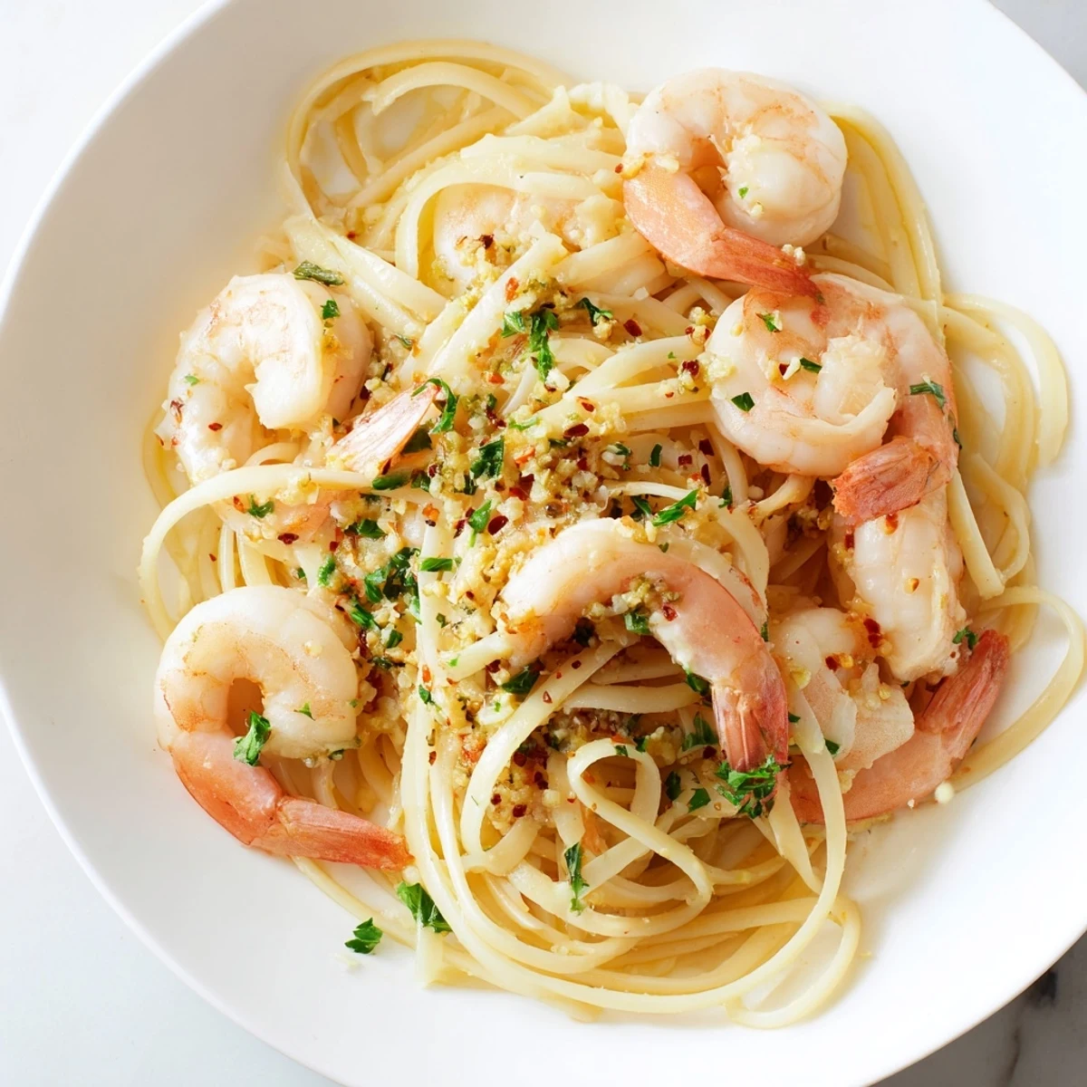 Al dente linguine coats succulent shrimp in a bright lemon-garlic sauce, sprinkled with Parmesan for a comforting main dish.