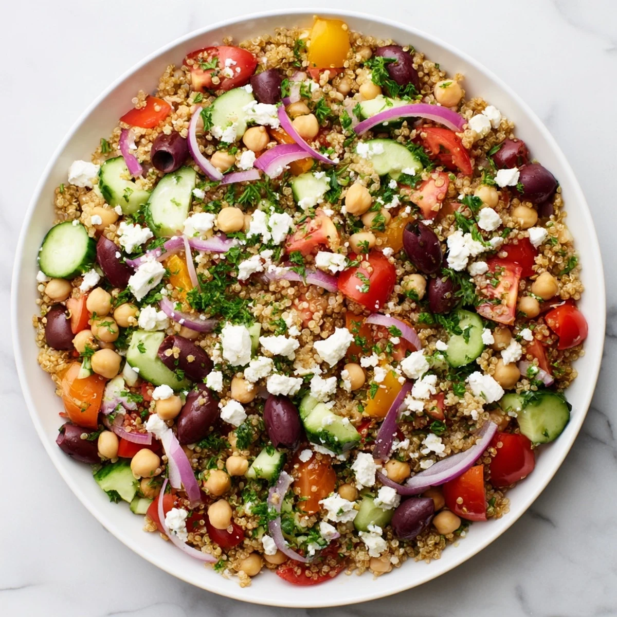 Greek Power Salad in a white bowl with fresh tomatoes, cucumbers, and Kalamata olives.