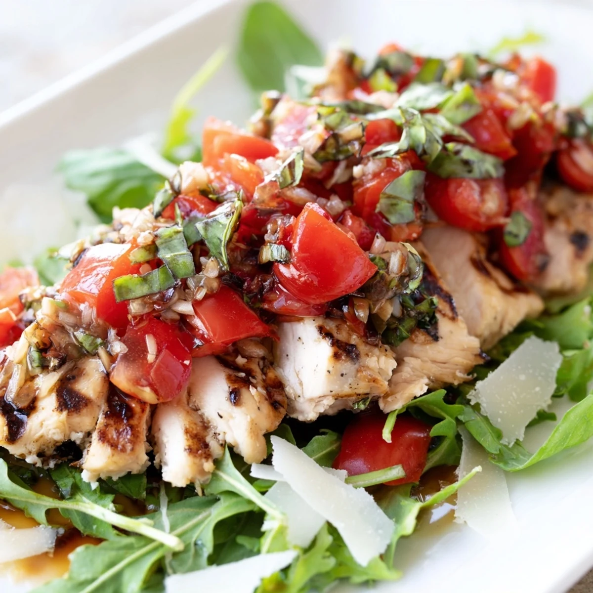 Juicy grilled chicken slices rest on crisp mixed greens, topped with a fresh bruschetta chicken salad of tomato, basil, and balsamic.