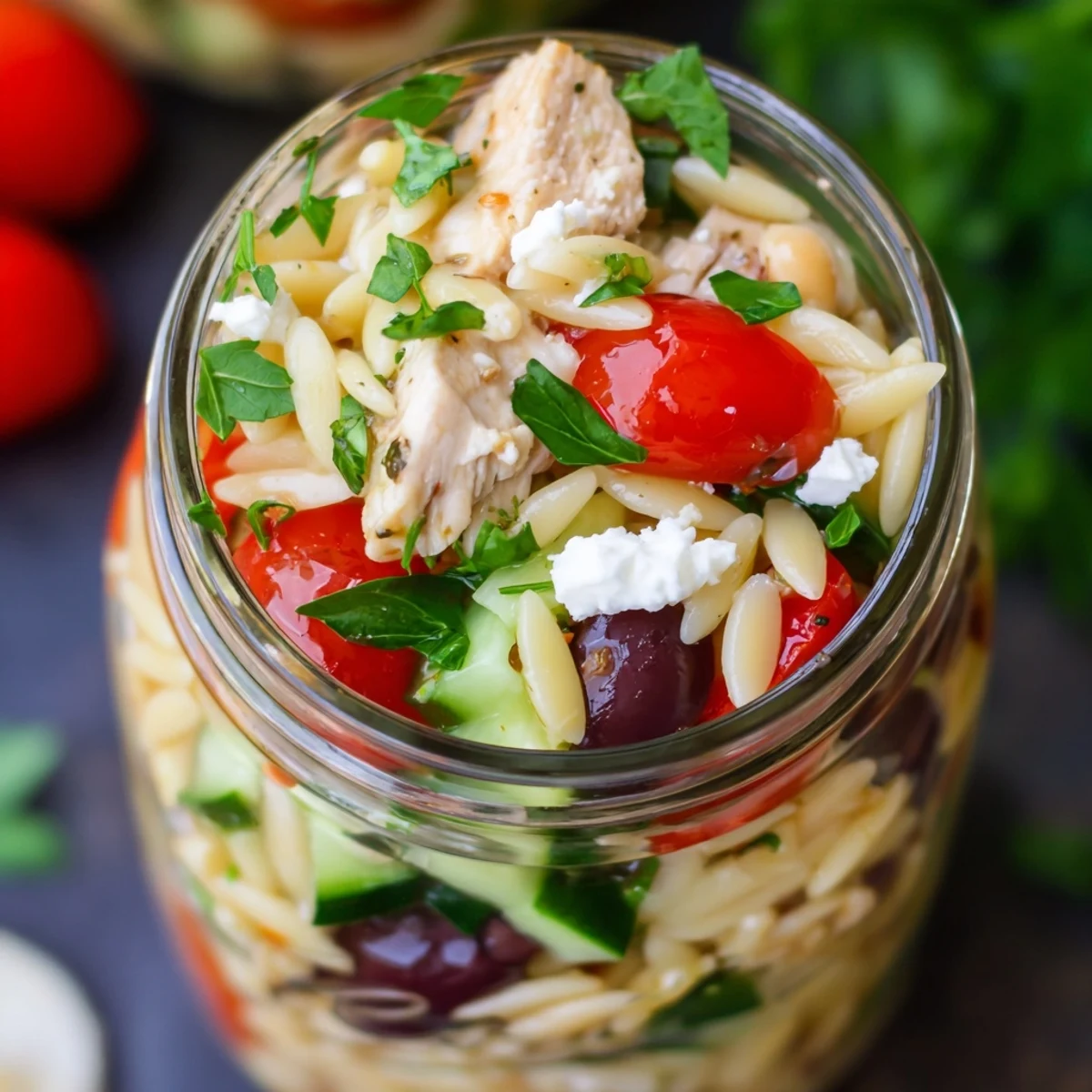 Brightly layered Greek Pasta Chicken Salad Jars in glass containers, featuring orzo, diced chicken, cherry tomatoes, cucumber, and crumbled feta cheese, ready for meal prep lunches.