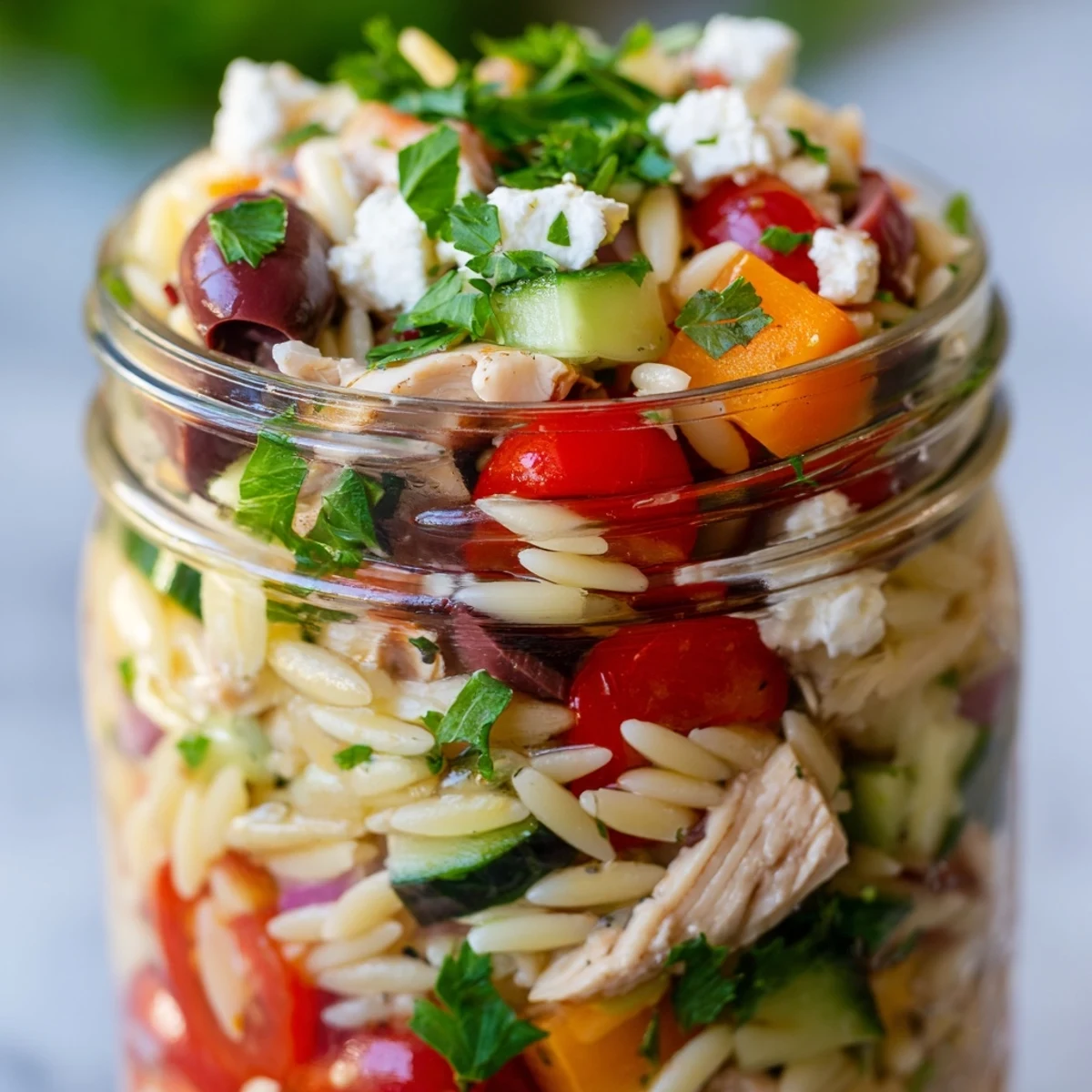 Stacked clear mason jars display a vibrant Greek Pasta Chicken Salad with olives, red bell pepper, and fresh parsley, drizzled with a tangy Mediterranean dressing for grab-and-go freshness.