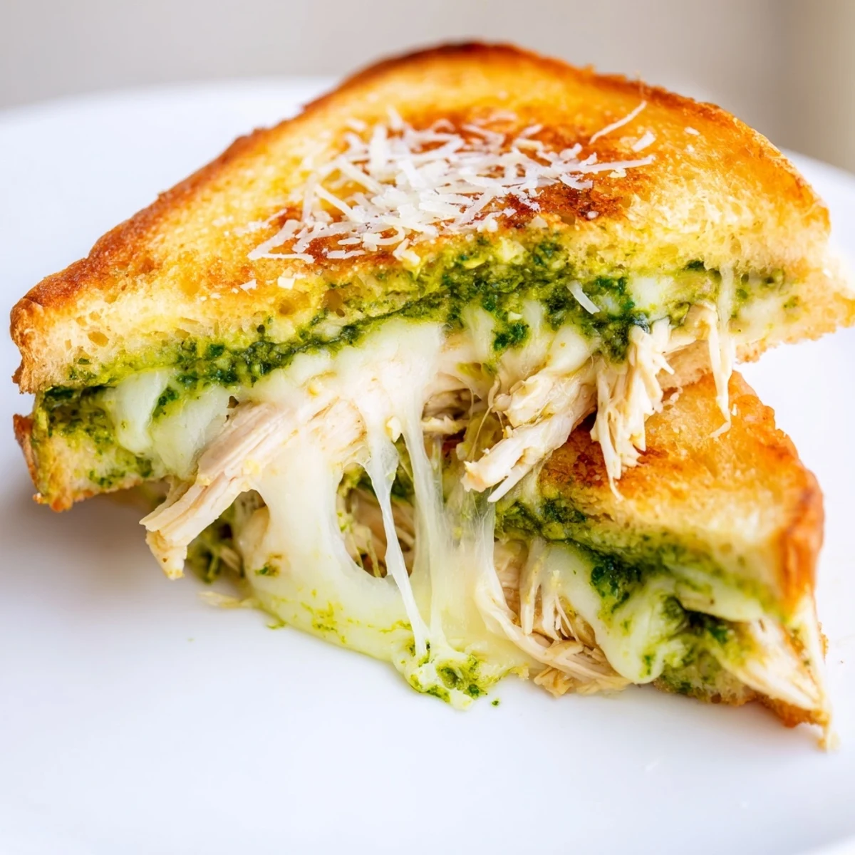 Homemade Mozzarella Pesto Chicken Grilled Cheese on a wooden board, served with a side of marinara.