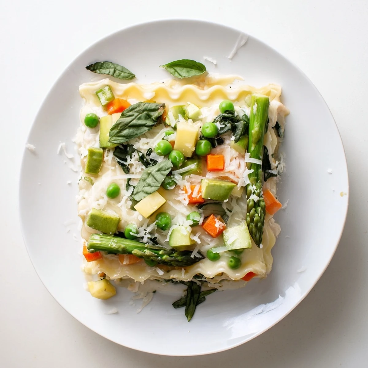 Creamy Spring Veggie Alfredo Lasagna layers tender asparagus, snap peas, and spinach in a rich, golden-brown casserole ready for slicing.