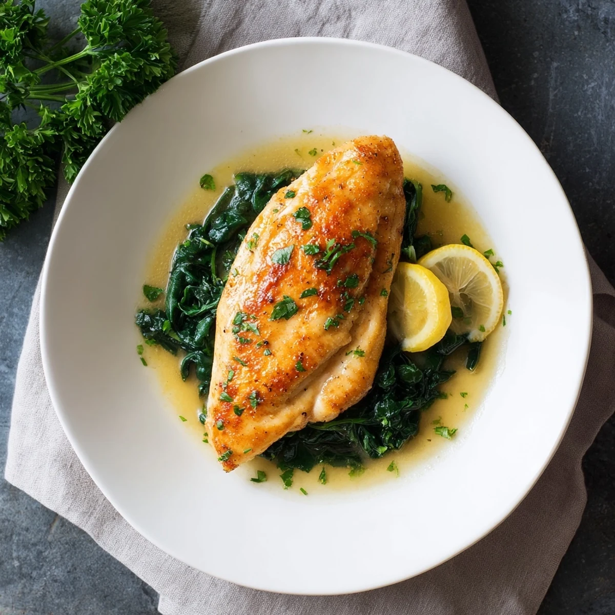 Golden-brown chicken cutlets drenched in silky lemon butter sauce, resting on a bed of wilted spinach leaves, garnished with fresh parsley.