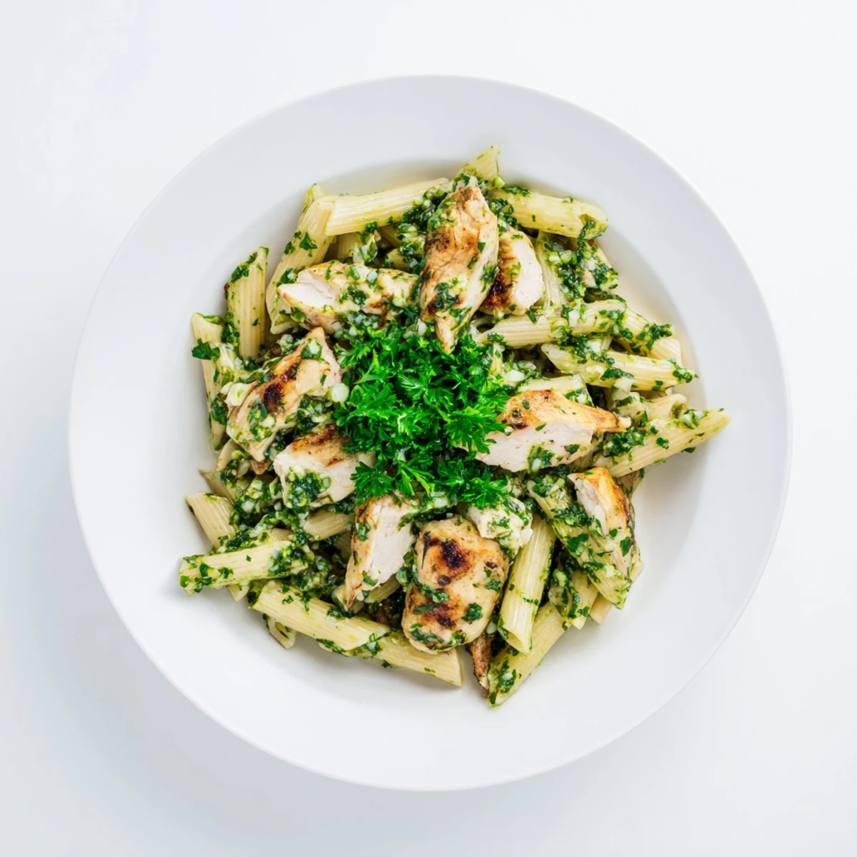 Grilled Chimichurri Chicken Pasta served in a white bowl, showcasing tender chicken pieces and glossy, herb-packed sauce coating every twist of penne.