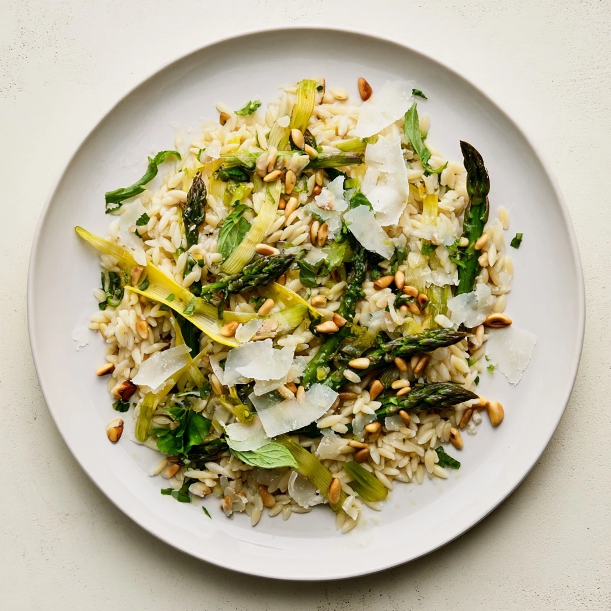 Shaved asparagus ribbons and tender orzo pasta tossed in a zesty lemon-olive oil dressing, topped with freshly grated Parmesan and pine nuts.  