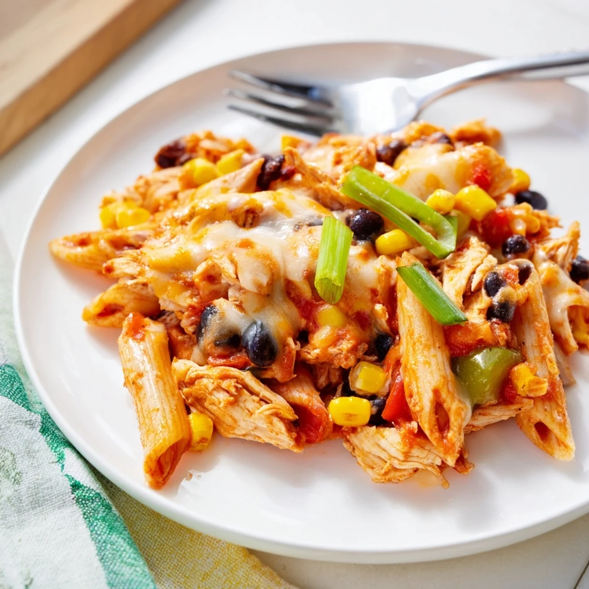 Golden Monterey Jack and cheddar cheese bubble over Chicken Enchilada Pasta, with black beans and bell peppers peeking through.