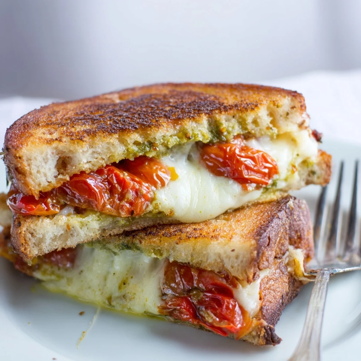 Golden roasted tomato slices and melted mozzarella peek from a toasted sourdough sandwich, with a side of fresh basil pesto and a green salad garnish.