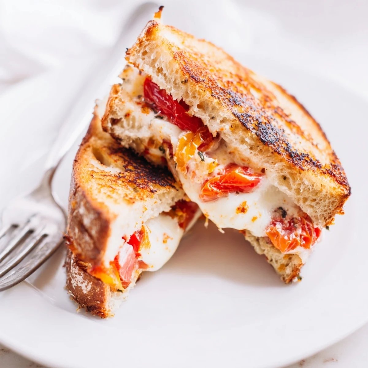 This gourmet Roasted Tomato Pesto Grilled Cheese features slow-roasted tomatoes and sharp cheddar between buttery, golden-brown bread slices, served as a comforting lunch.