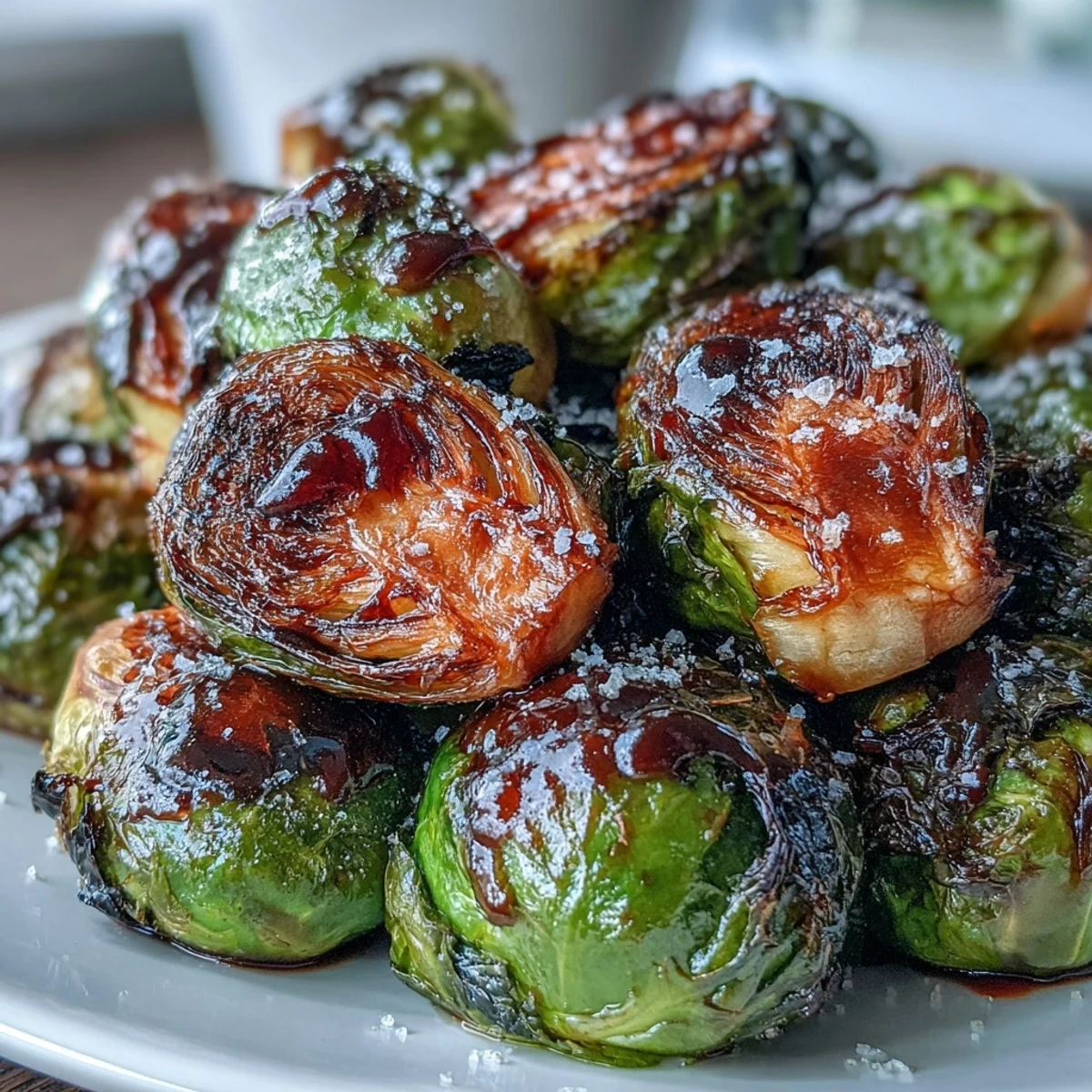 Golden caramelized Brussels sprouts fresh from the oven, drizzled with a sticky balsamic glaze.