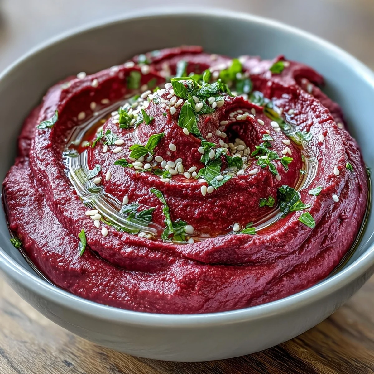 Creamy roasted beet hummus garnished with sesame seeds and a lemon wedge, ready to spread on pita chips.